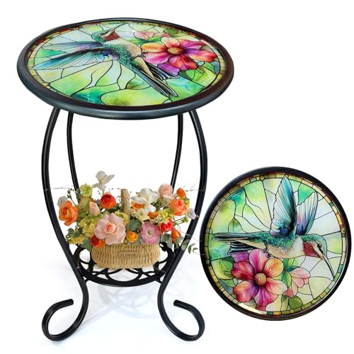 LIFFY Patio Side Table, 14" Round Mosaic Outdoor Table with Glass Hummingbird Tabletop, 21" Height 2-Tier Indoor Small Decorative Plant Stand & Accent Table with Metal Frame for Garden, Yard, Home - color: Hummingbird-14 Inches