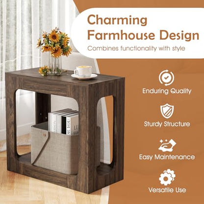 GOFLAME Narrow End Table Set of 2, Farmhouse Wood Sofa Side Table 2-Tier with Storage Shelf, Arched Rustic Small Accent Tables, Rectangular Compact Night Stand for Living Room, Bedroom, Brown - color: Brown