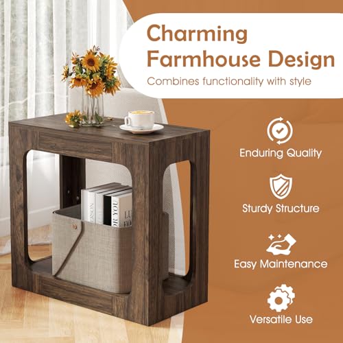 Giantex Narrow End Side Table - 2-Tier Farmhouse Night Stand w/Open Storage Shelf, Arch Design, Accent Bedside Nightstand for Bedroom Entryway Small Spaces, Wood End Tables Living Room, Brown - color: Brown