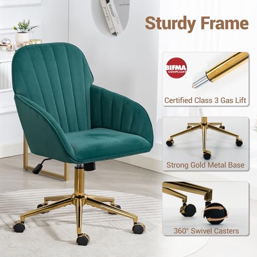 Velvet Make Up Vanity Chair with Wheels and Gold Base 330 Lbs - Green | Home office Chair, Study Chair, Teacher Chair, Cute Chair, Height Adjustable Swivel Desk Chair, for Living Room Study Room - color: Green