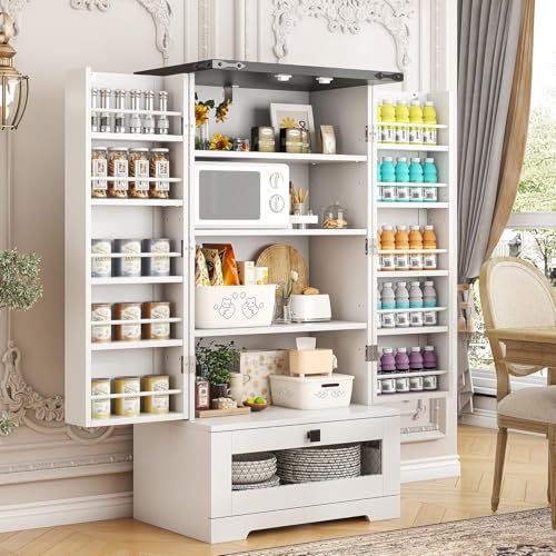 kepptory Farmhouse Pantry Cabinet with Barn Door & Adjustable Shelves, Freestanding Kitchen Storage Cabinet for Dining Room, Bathroom, Hallway (White) - color: White, size: 16"D x 24"W x 47"H