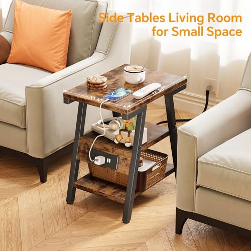 Side Table with Charging Station,3-Tier Small End Table,Lucky 7 Metal Shape | 2 AC Outlets + 2 USB Ports, Adjustable Feet, Nightstand for Bedroom, Living Room, Couch, Narrow Spaces, Rustic Brown - color: Rustic Brown