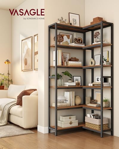 VASAGLE 6 Tier Bookshelf with Metal Frame, Convertible Industrial Corner Shelf, 9.4 x 40.2 x 69 Inches, for Living Room, Bedroom, Home Office, Rustic Brown and Ink Black ULLS606K01 - size: 6 Tiers (40.2"W)