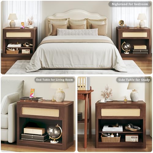 Rattan Nightstand, Night Stand with Wireless Charging, Mid Century Modern Bedside Table with Drawer & Open Shelf, Curved Profile Design, End Side Table with Storage for Bedroom, Walnut - color: Walnut