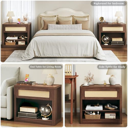 Rattan Nightstand, Night Stand with Wireless Charging, Mid Century Modern Bedside Table with Drawer & Open Shelf, Curved Profile Design, End Side Table with Storage for Bedroom, Walnut - color: Walnut