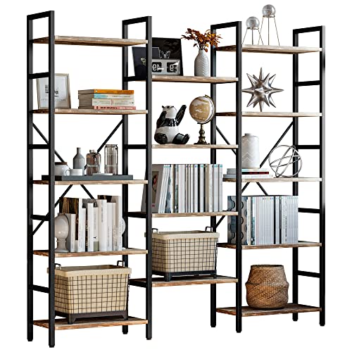 IRONCK Bookcases and Bookshelves Triple Wide 5 Tiers Industrial Bookshelf, Large Etagere Bookshelf Open Display Shelves with Metal Frame for Living Room Bedroom Home Office - color: Industrial Brown, size: 5 Tiers