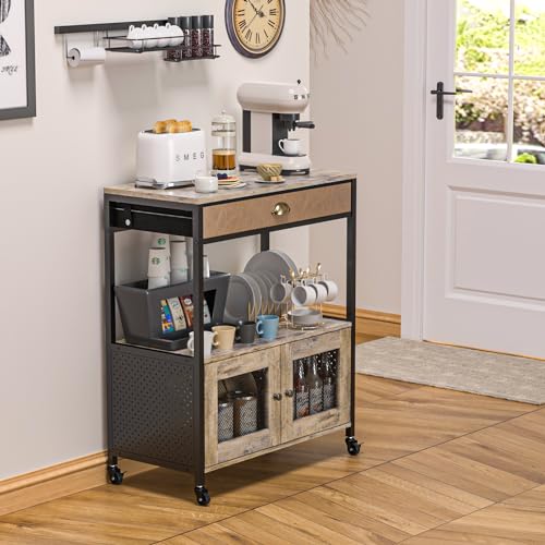X-cosrack Large Coffee Bar Cabinet，3 Tiers Kitchen Coffee Cart with Drawer for The Home, Movable Farmhouse Station Table on Wheels for Living Room, Entryway, Dining Room, Kitchen
