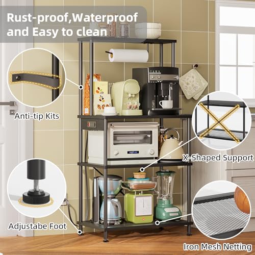 SUPERLELE 4 Tier Baker's Rack with Charging Station, Kitchen Coffee Bar Table with Power Outlets & Paper Towel Holder, 23.6x13x49.2'' Industrial Standing Microwave Shelf for Small Spaces, Black - color: Black, size: 23.6x13x49.2''(with Power Outlet)