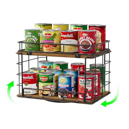 360° Rotating Can Rack Organizer for Pantry, 2-Tier Lazy Susan Can Organizer Holds Up to 26 Soda Cans, Metal Wire & Wood Shelf with Turntable Storage for Kitchen Cabinet, Pantry & Countertop - color: Black