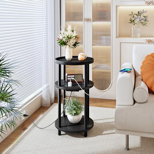 HOOBRO Set of 2 Small Round Side Tables with Charging Station, 3-Tier Round Bamboo End Tables, Easy Assembly, for Living Room, Bedroom, Apartment, Black BB152UBZP201 - color: Black