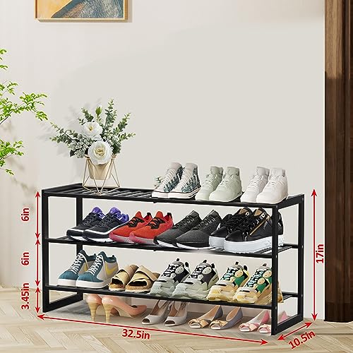 Jripae 3 Tier 32.5inch Long Bamboo Shoe Rack for Entryway Closet Garage | 3 Tier Stackable Shoe Shelf Holder for Men/Women Hallway/Berdroom, Bookshelf, Flower Rack, Home Space Saving - size: 3-tier-long/32.5*10.5*17in