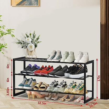 Jripae 3 Tier 32.5inch Long Bamboo Shoe Rack for Entryway Closet Garage | 3 Tier Stackable Shoe Shelf Holder for Men/Women Hallway/Berdroom, Bookshelf, Flower Rack, Home Space Saving - size: 3-tier-long/32.5*10.5*17in