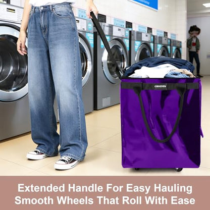 Reusable Grocery Bag Tote Bag with Wheels, Foldable Rolling Tote Bag with 3 Handles and Zipper - color: Purple, size: Medium