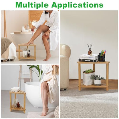 Bamboo Corner Shower Stool for Shaving Legs, Shower Bench for Inside Shower Foot Rest with 2-Tier Waterproof Storage Shelf for Inside Small Shower Spaces Bath Seat