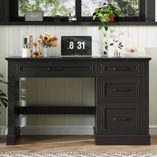 Befrases Farmhouse 47" Executive Desk with 4 Drawers, Pure Black | Computer Desk with File Drawer, Workstation for Study, Home Office, Writing - color: Pure Black, size: Wihtout Charging Station