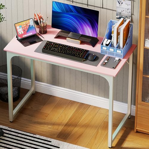 BLKMTY 39" Computer Desk, Home Office Desk Writing Wood PC Study Table Work Desks Modern Simple Style Laptop Table with Metal Frame and Smooth Tabletop for Workstation Bedroom, Pink - color: Pink, size: 39 Inches