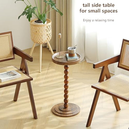 Small Round SideTable, Drink Table Martini Table for Small Spaces, Tall End Table with Solid Wood Leg, Pedestal Side Table for Living Room Sofa Bedroom Bedside (Dark Walnut)