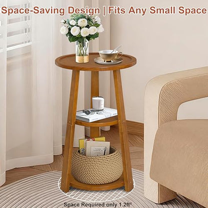 Small Round Side Table, Solid Wood 3-Tier End Table for Small Spaces, 13 Inch Compact Drink Table, Round Wood Side Table for Living Room & Bedroom, Amber Brown - color: Amber Brown