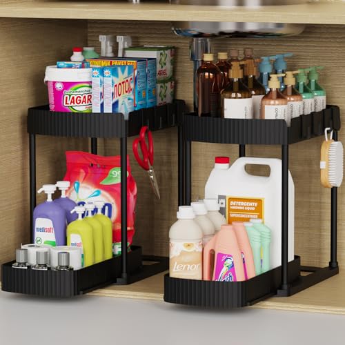 Ukeetap Multi-Purpose Pull-Out Storage Organizers, Under Sink/Cabinet Organizers and Storage for Bathroom & Kitchen, Black, 12.8 Inches, 2 Packs - color: Black, size: 12.8 Inch