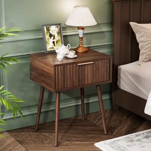 VINGLI Nightstands Set of 2, Fluted Night Stand with Drawer, Bedside Table, Wood Nightstand for Bedroom, Mid Century Modern End Tables, Walnut, 18.9" W*14.96" D*24" H - color: Walnut, size: 19"W-1 Drawer