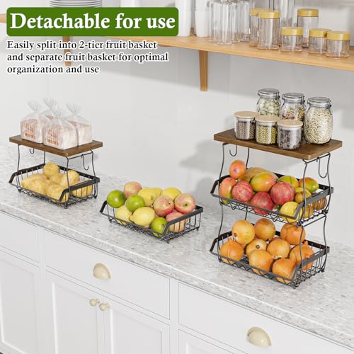 OKZEST 3-Tier Fruit Basket Fits Between Countertop & Upper Cabinet, 16.8" H | Includes wood top & banana hangers, Stackable kitchen countertop organizer, Holds potato, onion, bread, snack, fruit, veggie - size: 3-Tier (With wood top)