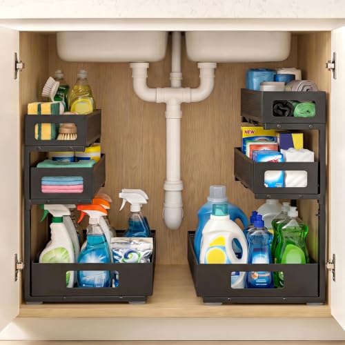 3 Tier Under Sink Organizer,2 Pack Pull Out Cabinet Shelves with Adjustable Height,Heavy Duty Carbon Steel L-Shaped Storage for Kitchen Bathroom Sink,Pantry & Laundry,Black - color: Black, size: 2 Pack