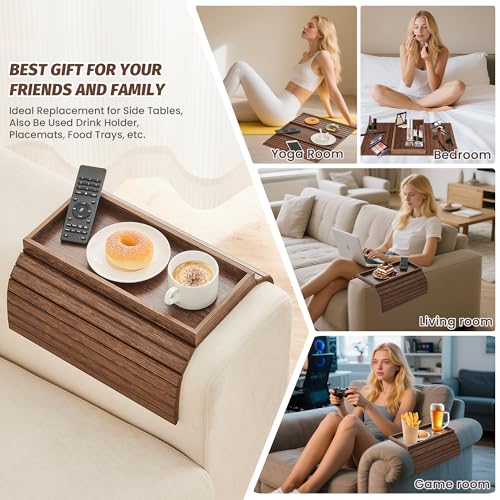GEHE Bamboo Sofa Arm Tray, Foldable Couch Arm Tray Side Table, Anti-Falling Armrest Tables Cup Holder for Snacks, Drinks, Beers, Phone, Control, Flexible and Portable, Anti-Slip Bottom - color: Brown