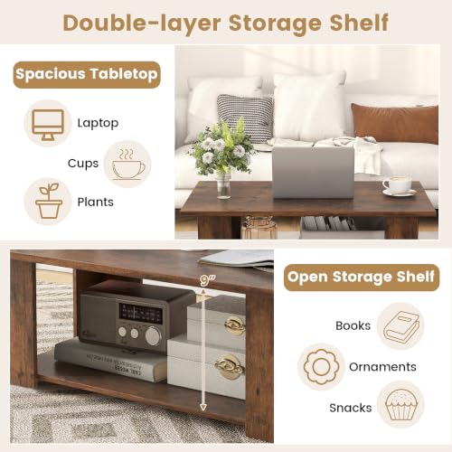 POWERSTONE 41 Inch 2-Tier Coffee Table with Storage Shelf, Wood Farmhouse Center Table with L Legs & Extra Bottom Support for Living Room, Rustic Brown - color: Rustic Brown