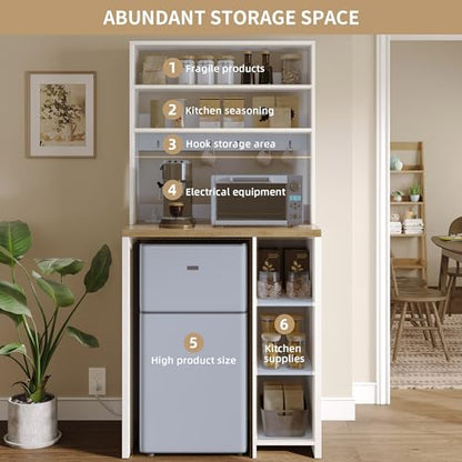YITAHOME 6-Tier White Mini Fridge Stand with Power Outlet | Fits Mini Fridge, 6-Tier Storage, Built-in Power Outlet, Farmhouse Style, for Dining Room Dorm Office, Easy Assembly