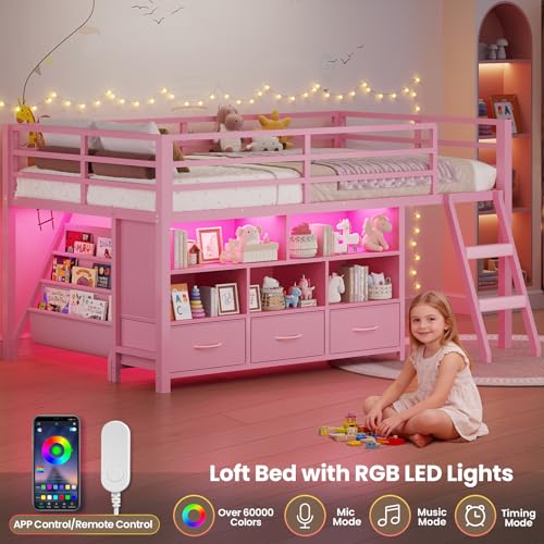 BTHFST Low Loft Bed Twin Size with 3 Storage Drawers, 3-Tier Kids Bookshelf, 5 Open Cubbies and 2 LED Lights Strips, Metal Kids Loft Bed with High Safety Guardrail, Inclined Ladder and Play Area - color: Pink