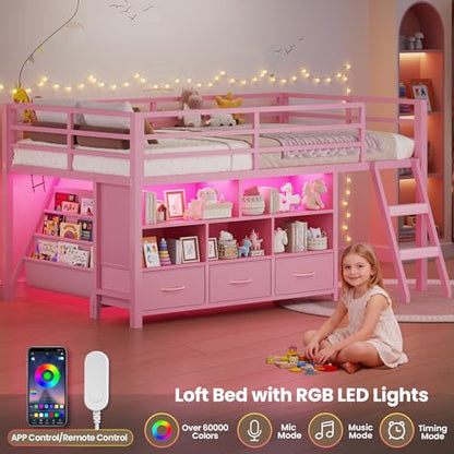 BTHFST Low Loft Bed Twin Size with 3 Storage Drawers, 3-Tier Kids Bookshelf, 5 Open Cubbies and 2 LED Lights Strips, Metal Kids Loft Bed with High Safety Guardrail, Inclined Ladder and Play Area - color: Pink