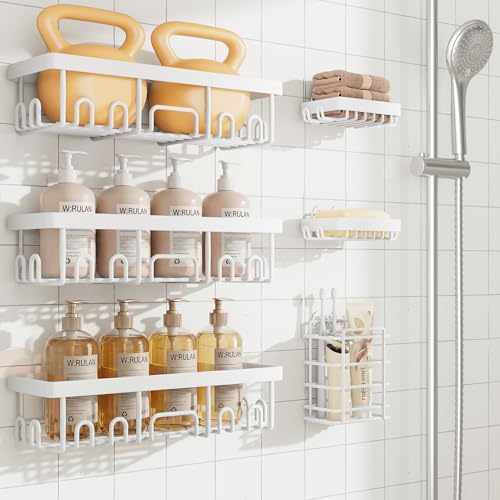 Veken 6-Pack Rustproof&Waterproof Shower Caddy, Adhesive Shelves Rack with Soap Holder, Large Bathroom & Washroom Organizer, No Drilling Wall-Mounted Kitchen&Home Decor,Ideal for Bathtub Storage,White - color: White