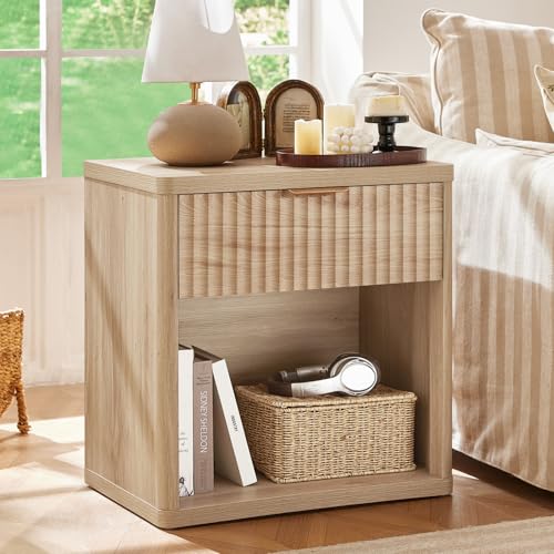 LEYAOYAO Fluted Nightstand with Charging Station, 23" Wide 1 Drawers Night Stand,Natural End Table with Open Storage,Farmhouse Bed Side Tables, Wood Dresser for Bedroom, Living Room, Closet - color: Natural, size: 1 Drawers