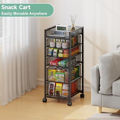 keomaisyto 6-Tier Kitchen Storage Cart with Top Basket & Drawers, Utility Fruit Vegetable Storage Rack on Lockable Wheels, Metal Rolling Snack Cart, Kitchen Organization for Potatoe Onion Can Spice - size: 6-Tier