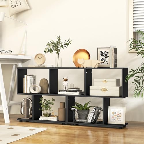 Tangkula 2 Tier Geometric Bookshelf, Freestanding Wood Display Shelf, Home Office Room Divider S Shaped Open Bookcase, Small Bookshelf for Small Spaces, Living Room, Study (Black, 2) - color: Black, size: 2
