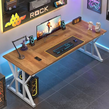 TVU Computer Desk, 63 inch Large Office Desk, Study Writing Table with Thicken Frame, Gaming Desk, Modern Simple Desk for Home Office, Brown - color: Brown, size: 63inch