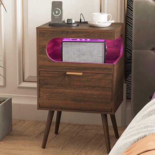 Veegle Nightstand,Modern Bedside Table with Storage Drawer and Open Wood Shelf, Accent Night Stand with Solid Wood Legs for Living Room, Bedroom and Small Spaces,Easy Assembly (Walnut Brown-1) - color: Walnut Brown-1