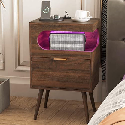 Veegle Nightstand,Modern Bedside Table with Storage Drawer and Open Wood Shelf, Accent Night Stand with Solid Wood Legs for Living Room, Bedroom and Small Spaces,Easy Assembly (Walnut Brown-1) - color: Walnut Brown-1