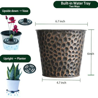 6in Metal Copper Planter Set of 2, Hammered Plant Pots 6" H×7" W, Built-in Tray & Inner Pots, Use as Vase/Candle Holder/Christmas Decor, Includes Pebbles, for Indoor/Outdoor Plants