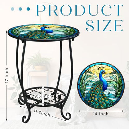 Cinnvoice Outdoor Side Table Round Small Mosaic Patio Accent Indoor End Plant Coffee Tea Table for Yard Patio Porch Garden Living Room, Bedroom(Peacock Style,14 Inch) - size: 14 Inch, style: Peacock Style