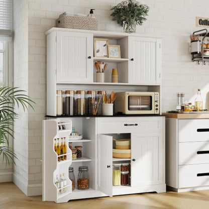 Gizoon Kitchen Pantry Cabinet with Microwave Shelf Tall Coffee Bar Cabinet with Doors and Shelves Farmhouse Kitchen Hutch with Storage for Dining Room and Craft Room, Painted White and Black - color: White and Black