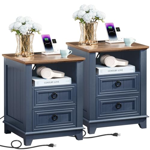 Joaxswe 18" Farmhouse Night Stands Set of 2 with Charging Station, 2 Drawers End Table Dresser for Bedroom, Blue Wooden Nightstand, Bed Side Table with Open Shelf, Bedside Cabinet for Living Room - color: Blue Set 2, size: 2 Drawers
