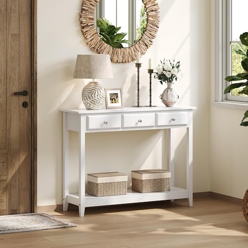 Yaheetech Console Table with 3 Drawers, 42" Entryway Table with Storage Shelves, Narrow Long Sofa Couch Tables for Living Room, Hallway, Foyer, Hall, White - color: White