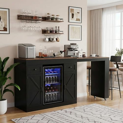 ARTETHYS 48’’- 80’’ Extendable Kitchen Island with Fridge Storage, White | Expanded Kitchen Counter with Compartment & Drawers, Sideboard Buffet Table with Cabinet and Side Rack for Kitchen - color: Black