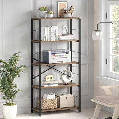 FOLUBAN 5 Tier Tall Bookshelf, Industrial Bookshelves and Bookcases, Modern Rustic Wood and Metal Book Shelf for Bedroom, Living Room and Home Office, Oak - color: Oak, size: 5-Tier