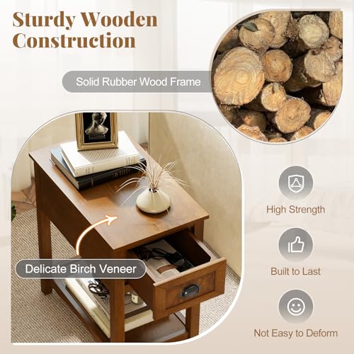 Giantex End Table with Drawer, Retro Narrow Side Table, Nightstand with Solid Wood & Storage Shelf, Bedside Table for Living Room Bedroom Small Space Home Office (2, Tawny) - color: Tawny