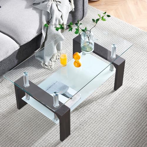 Btrpily Walnut Rectangular Coffee Table, 39.5in x 23.5in x 17.5in, Glass Tabletop with Lower Shelf, Adjustable Bottom Corners - color: Walnut