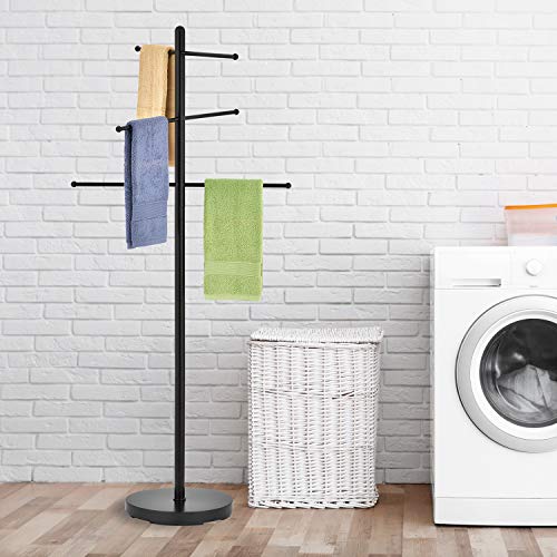 MyGift 6 Bar Outdoor Towel Rack for Pool, Free Standing Bath Towel Holder Storage, SPA Towel Blanket Stand with Round Weighted Base, Modern Black Metal