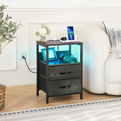 Yoobure Nightstand with Charging Station, LED Night Stand with Fabric Drawers and Storage Shelf for Bedroom, Nightstands Bedside Tables with USB Ports & Outlets, Small Night Stands, Bed Side Table - color: Charcoal Gray