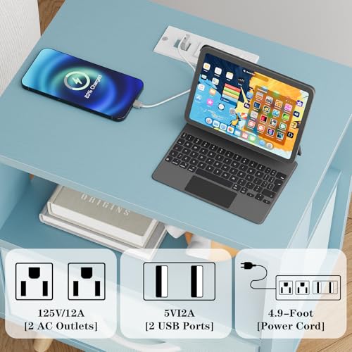 Huhote Kids Nightstand, 2-Tier Night Stand with Charging Station and Drawer, Modern Side Table for Bedroom, Study Room, Small Spaces, Blue - color: Blue, size: 2-Tier with Charging